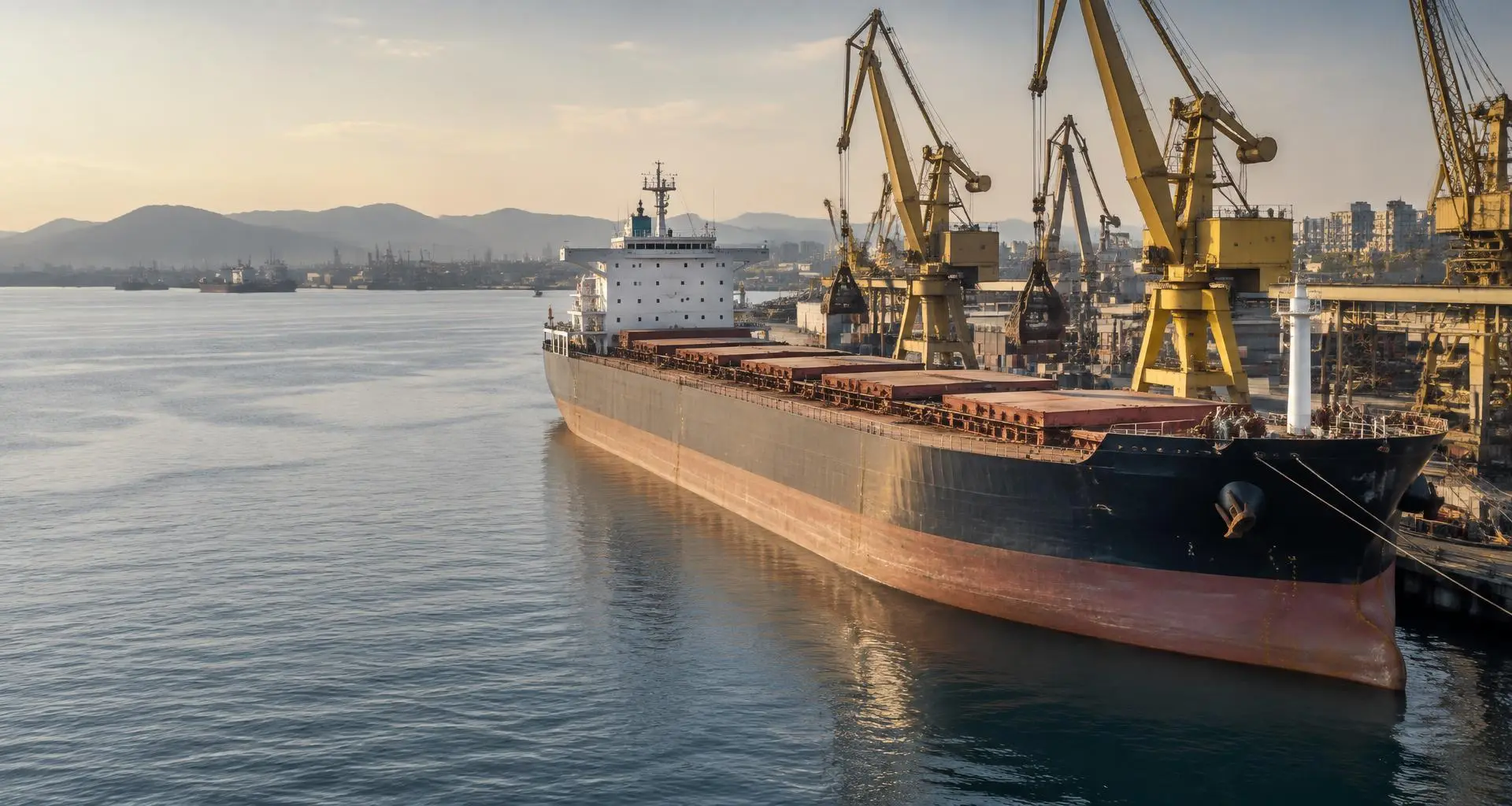 Bulk vessel alongside cranes at an international commercial port